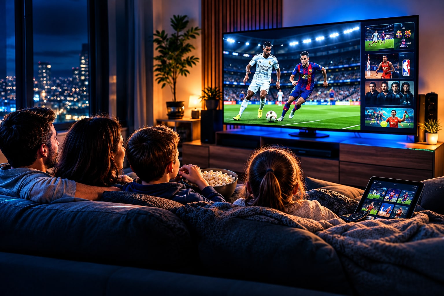 Une famille regarde un match de football sur une grande TV dans le salon, le soir